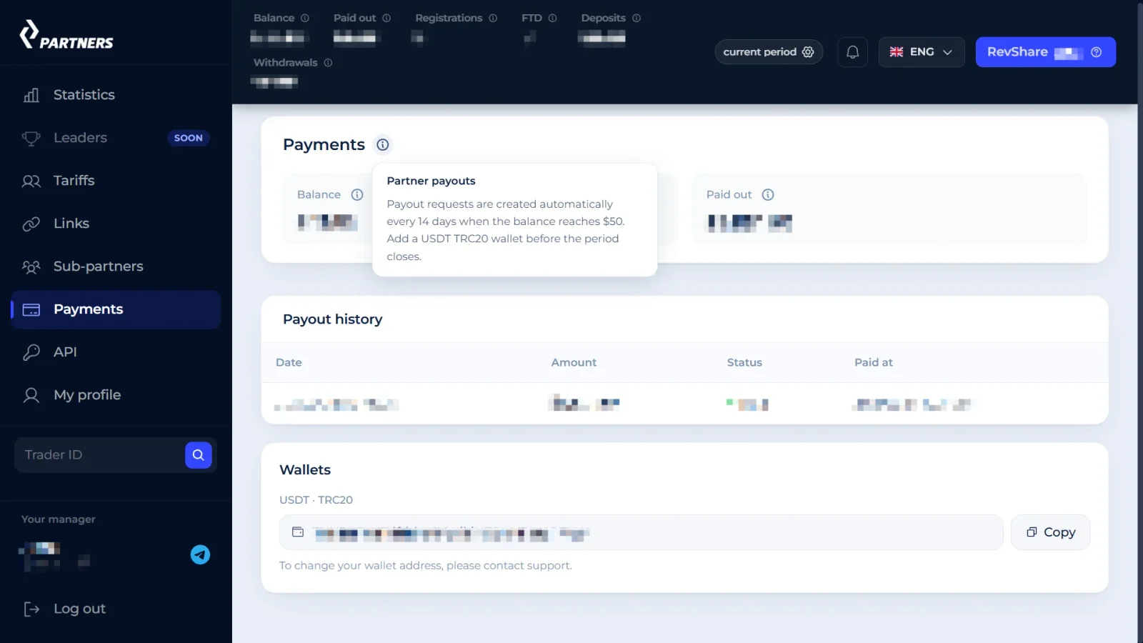 Раздел «Payments» в кабинете CT-Aff с условиями автоматических выплат