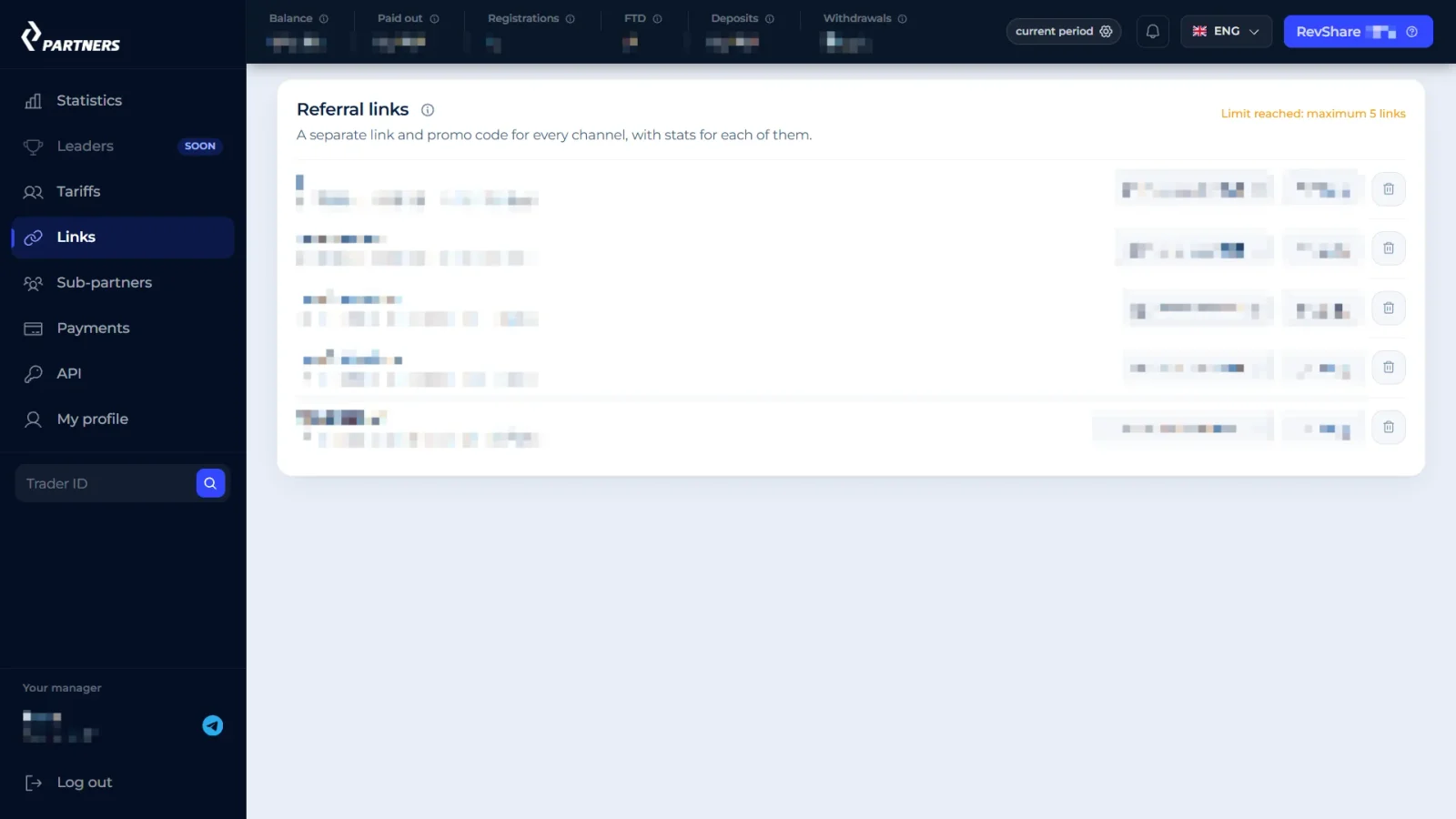 Раздел «Referral links» в кабинете CT-Aff с лимитом 5 ссылок