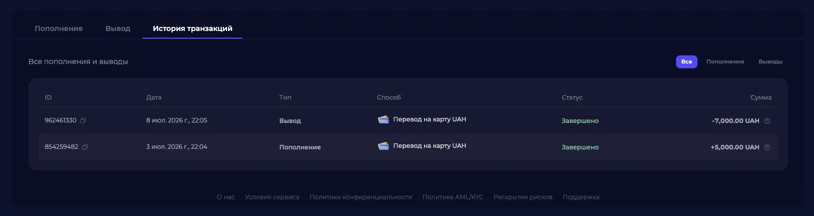 Withdrawal request status in the Comfortrade Wallet section