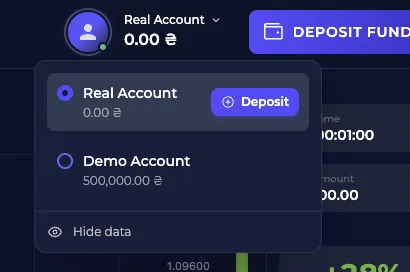 Переключатель между демо-счётом и реальным счётом в Comfortrade
