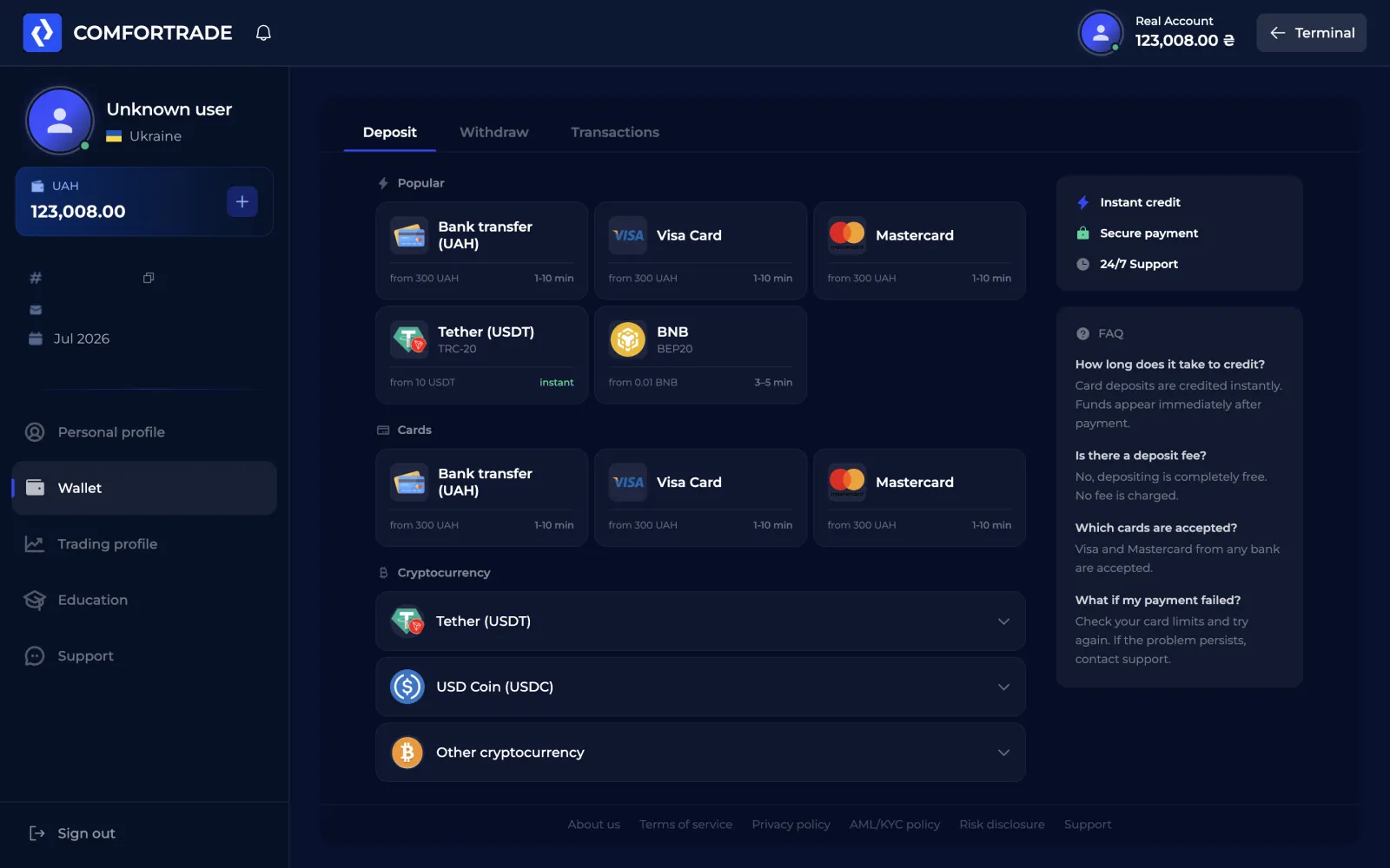 The Wallet section with deposit methods